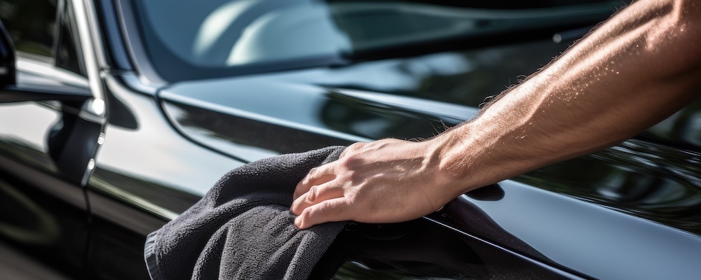 A masculine male hand polishes a jet black shining sports car with a dark microfiber cloth