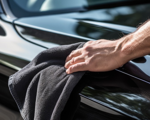 A masculine hand cleaning a shining jet black car with a dark microfiber cloth. Learn about Pedal Point Solutions treatment services
