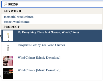 An example of a predictive search field with results based on search keyword and matching products