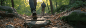Close up of feet walking uphill on a wooded trail
