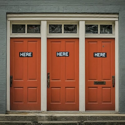 A set of three adjacent red doors, each closed and labeled "HERE"