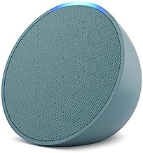 A turquoise Amazon Pop smart speaker