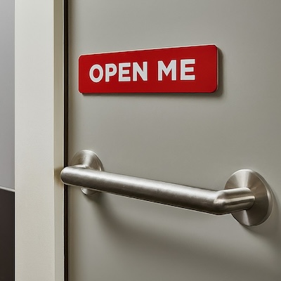 A gray door with a metal push bar and a label that reads 'Open Me'