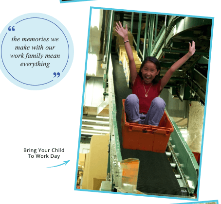 An excerpt from a company's 'Bring Your Child to Work Day' webpage with a fun doctored photo of a young girl in a red tote zooming down a conveyor belt and the text 'the memories we make with our work family mean everything.'