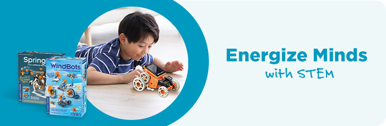 A young Asian boy plays with a vehicle built with a MindBots construction set. Adjacent text reads, 'Energize minds with STEM.;