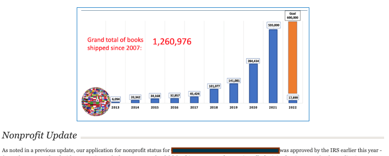 An excerpt from a charity organization's newsletter with a chart showing the increasing number of books they have shipped each year and a message about their non-profit status being approved by the IRS.