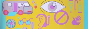Cartoonish pictures of a handicap-accessible van, globe, eyeglasses, eye, ear with a hearing aid, clapping hands, and other figures from the cover of the book "Against Technoableism" by Ashley Shew