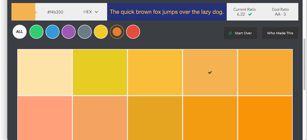 A swatch of orange hues that will serve as accessible text colors against the blue background. One of the oranges is selected and its hex code appears at the start of the screen with other details and controls