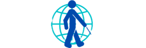 The Site Unseen logo - a blue stick figure walks with a cane in front of a globe