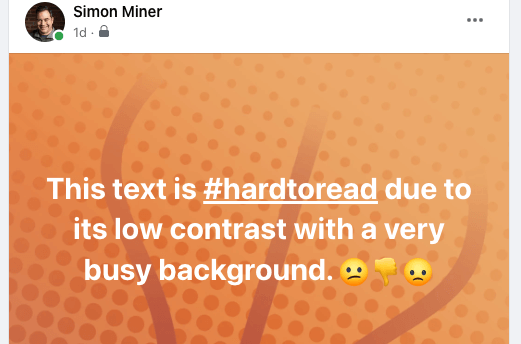 A Facebook post with white text atop a light and patterned background of gradient orange