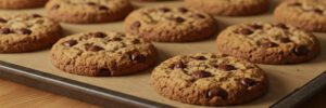 A tray of freshly baked chocolate chip cookies