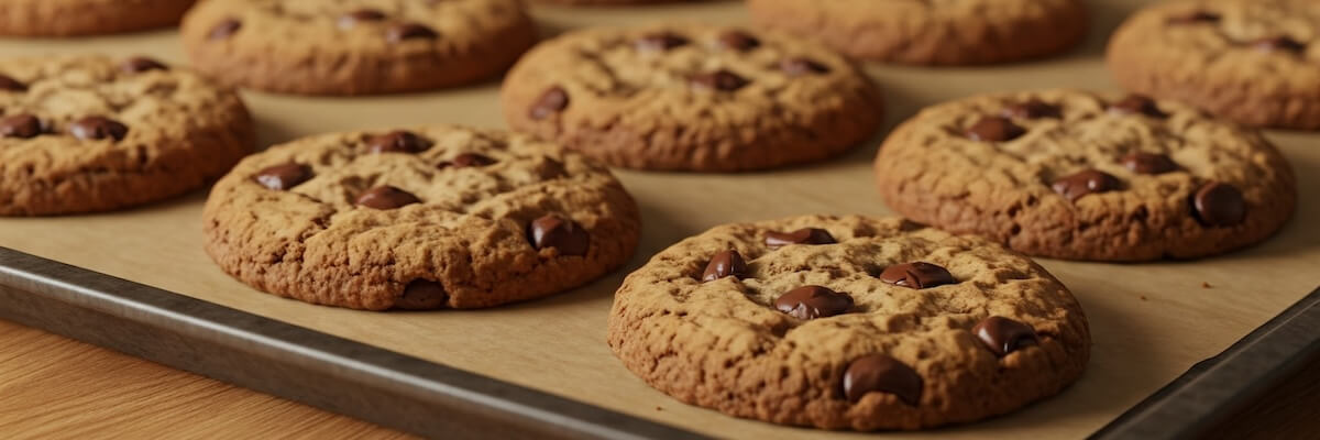 A tray of freshly baked chocolate chip cookies