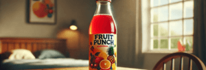 A bottle of red fruit punch sits on a table with a bed and window in the background.