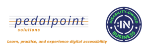 Pedal Point Solutions logo with tagline 'Learn, practice, and experience digital accessibility' in orange text. To the right is the Disability\:IN badge indicating certification as a Disability-Owned Business, featuring a circular blue and green design.
