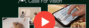 The Case for Vision logo appears above a collage of photos showing the product in use. These include a student watching a teacher's hand writing on the whiteboard through an iPad mounted on stand and a hand pinching an iPhone screen to zoom in on a menu beneath the device. A red and white Play button used to start video playback is superimposed on top of the collage.