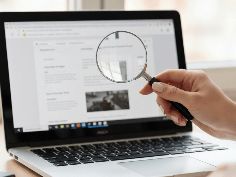 A feminine hand holds a magnifying glass that zooms in on a small portion of a webpage on a laptop screen.