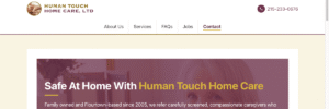 Homepage banner of the new Human Touch Home Care website, with the headline "Safe At Home With Human Touch Home Care" over a photo of a smiling older woman.